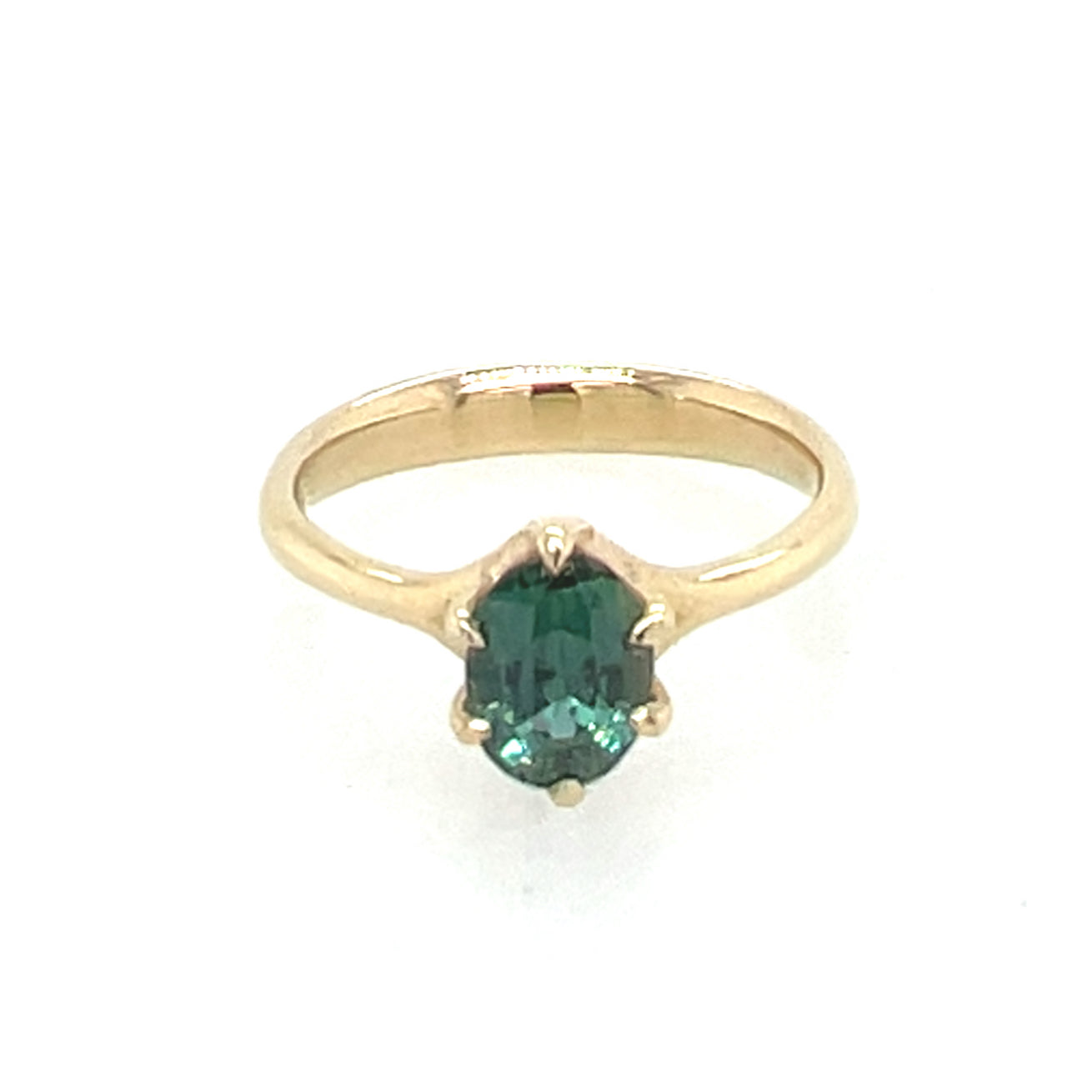 6 Prong Swoop- Teal sapphire & 14k Yellow Gold