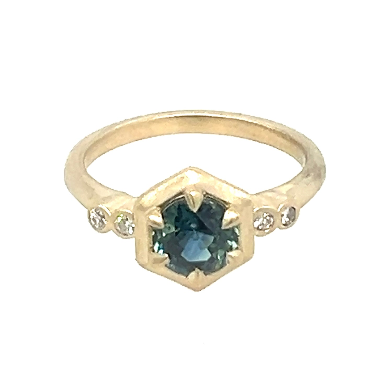 The Hexagon- Teal Sapphire, Old mine diamonds & 14k yellow gold