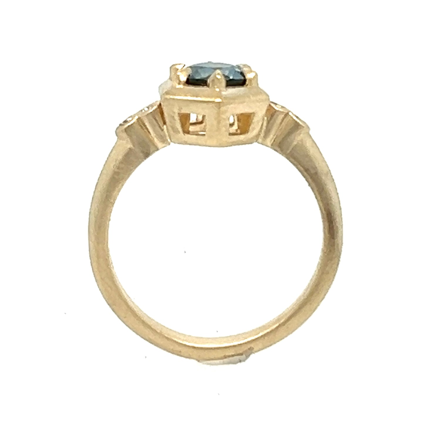The Hexagon- Teal Sapphire, Old mine diamonds & 14k yellow gold