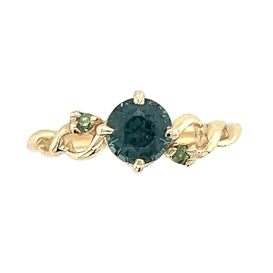The Entwined Engagement- Teal Sapphire, green diamonds & 14k yellow gold