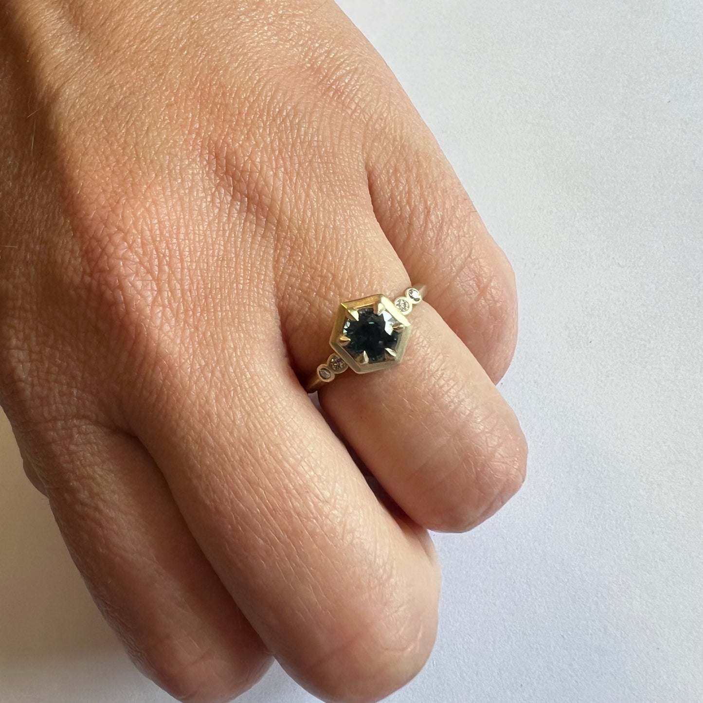 The Hexagon- Teal Sapphire, Old mine diamonds & 14k yellow gold
