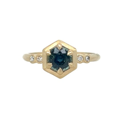 The Hexagon- Teal Sapphire, Old mine diamonds & 14k yellow gold