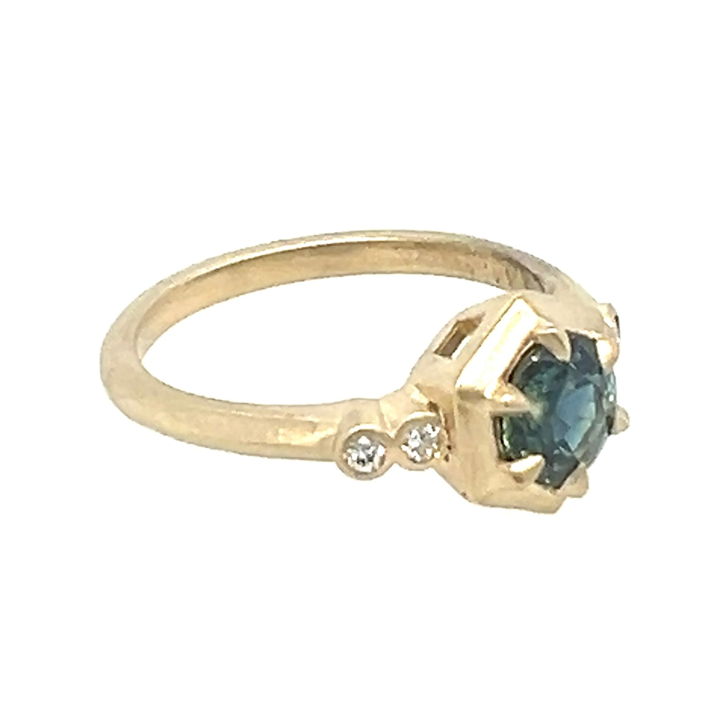 The Hexagon- Teal Sapphire, Old mine diamonds & 14k yellow gold