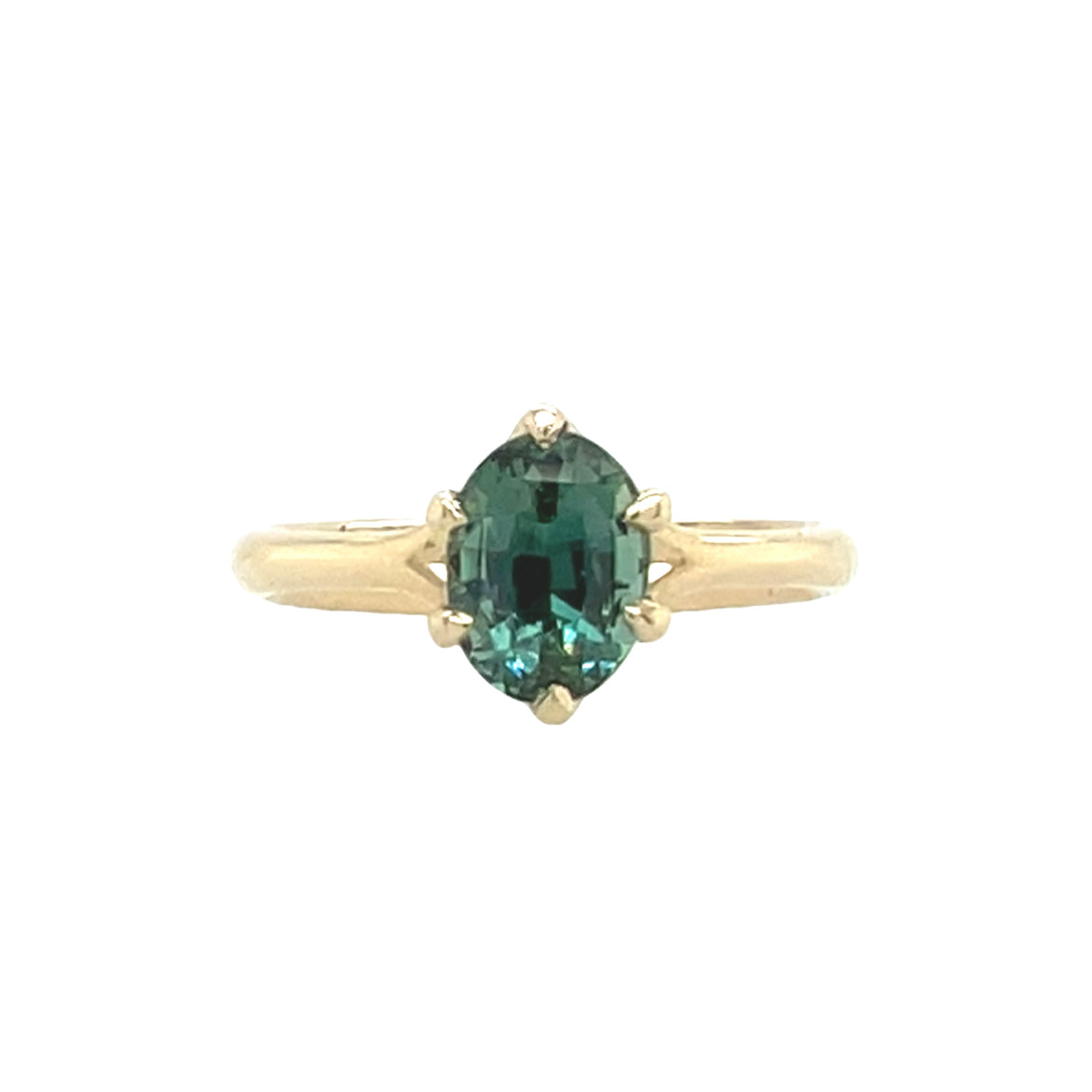 6 Prong Swoop- Teal sapphire & 14k Yellow Gold