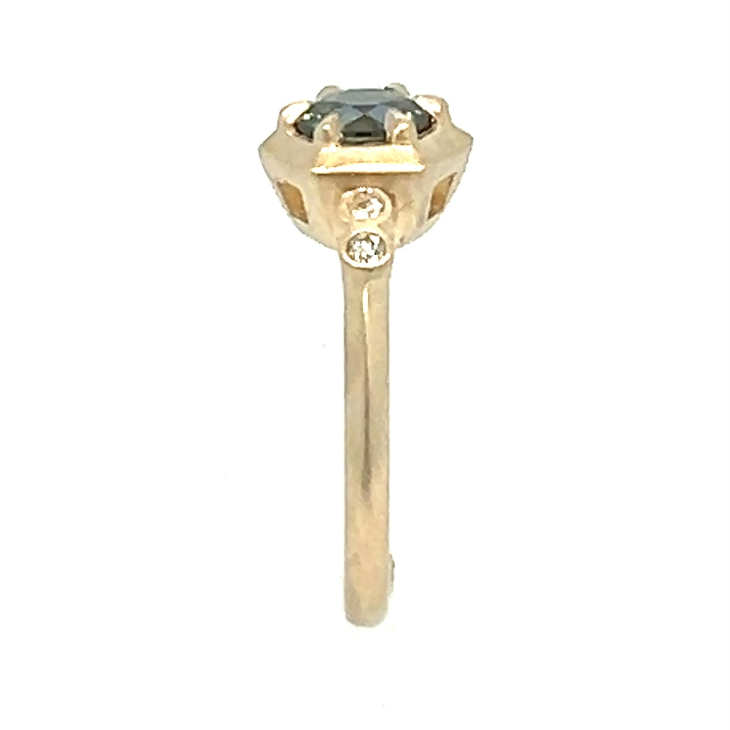 The Hexagon- Teal Sapphire, Old mine diamonds & 14k yellow gold