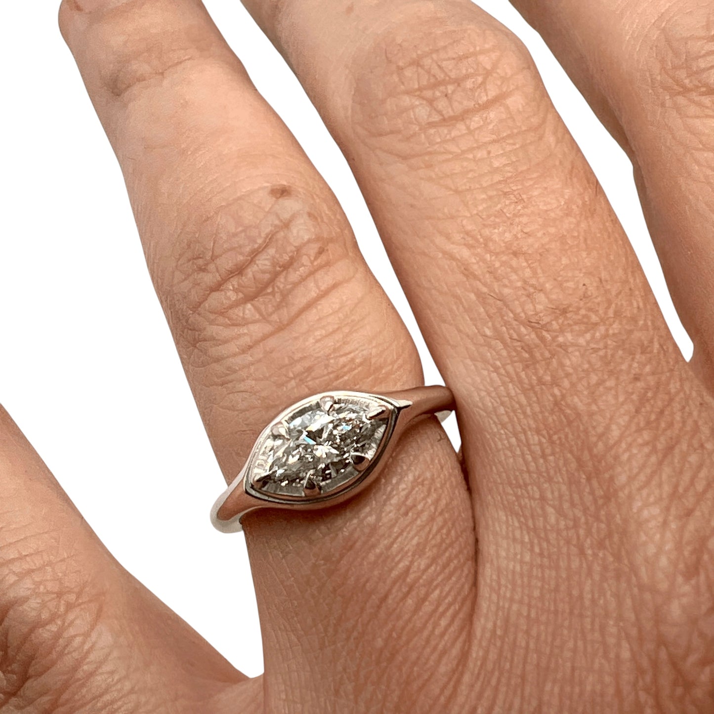 East West Signet- LAB diamond & 14k white gold