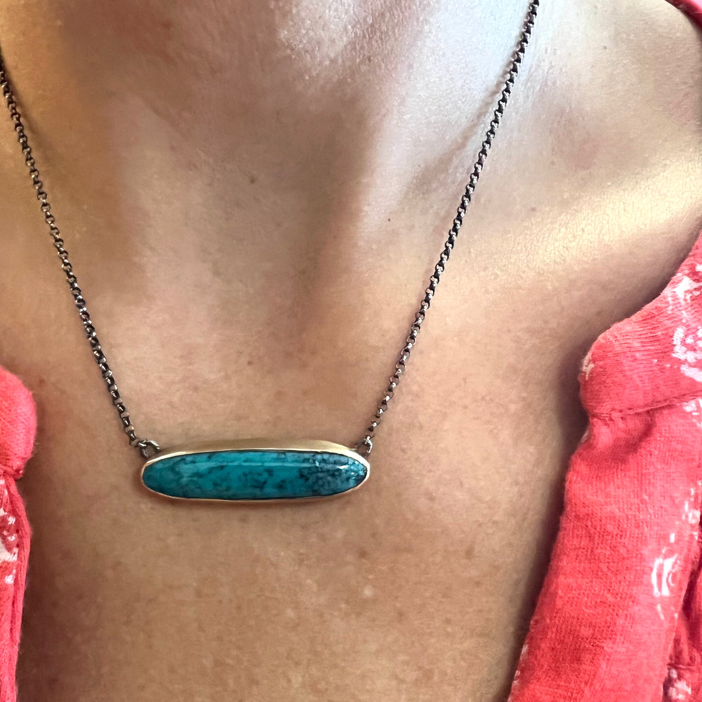 Turquoise, 14k Yellow gold & back silver Necklace