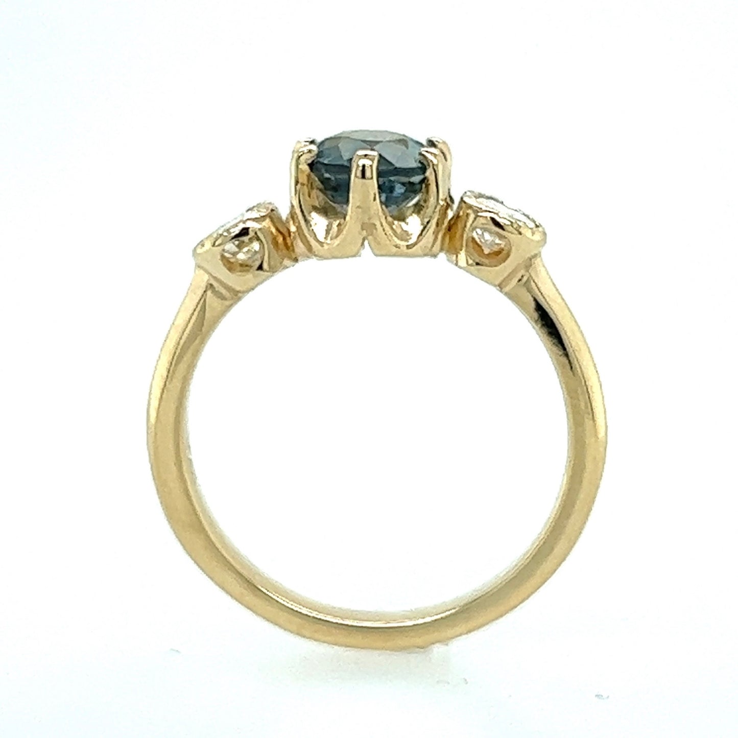 The Queen- Teal sapphire, reclaimed diamonds & 14k Yellow Gold