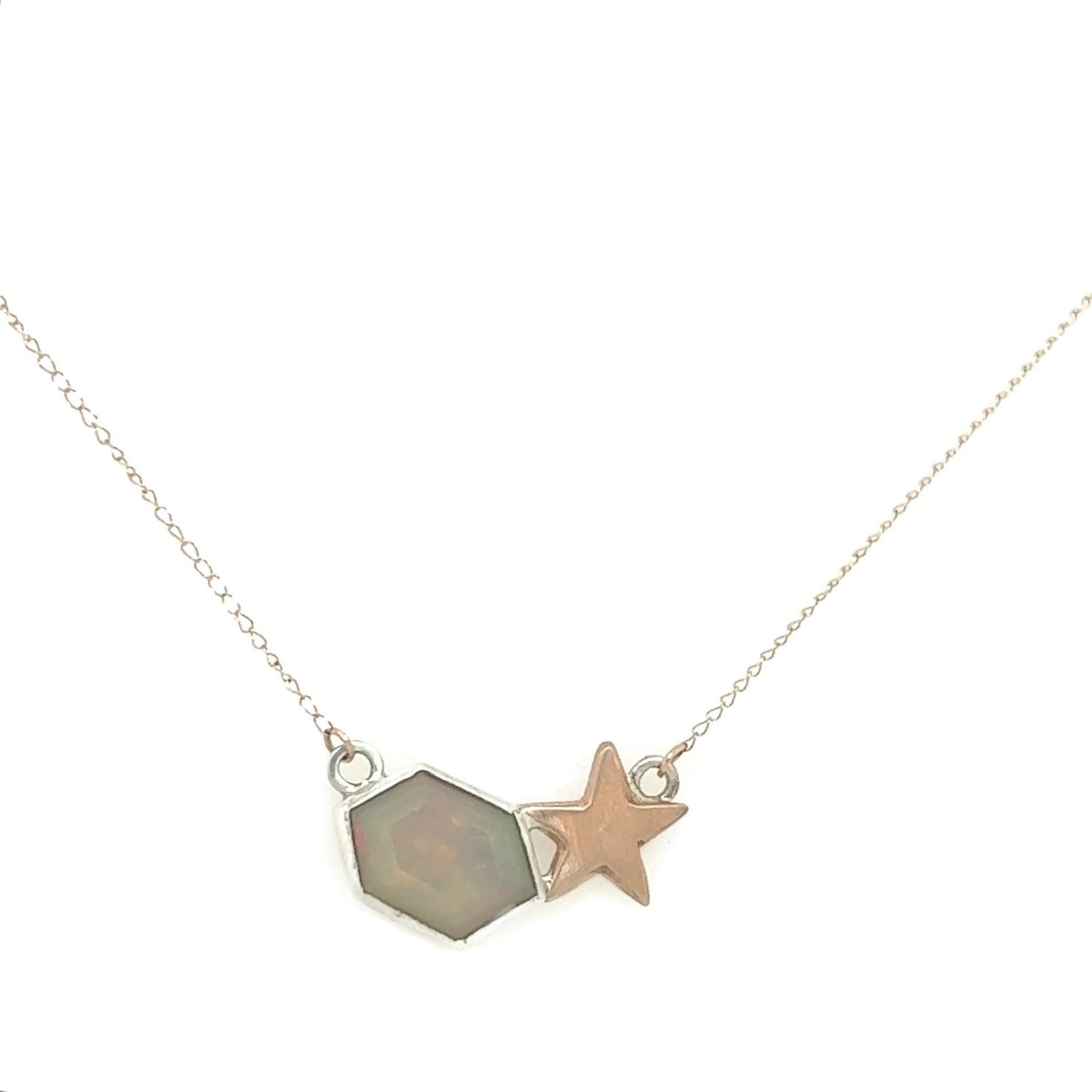 star gaze necklace- 14k rose gold, silver & welo opal